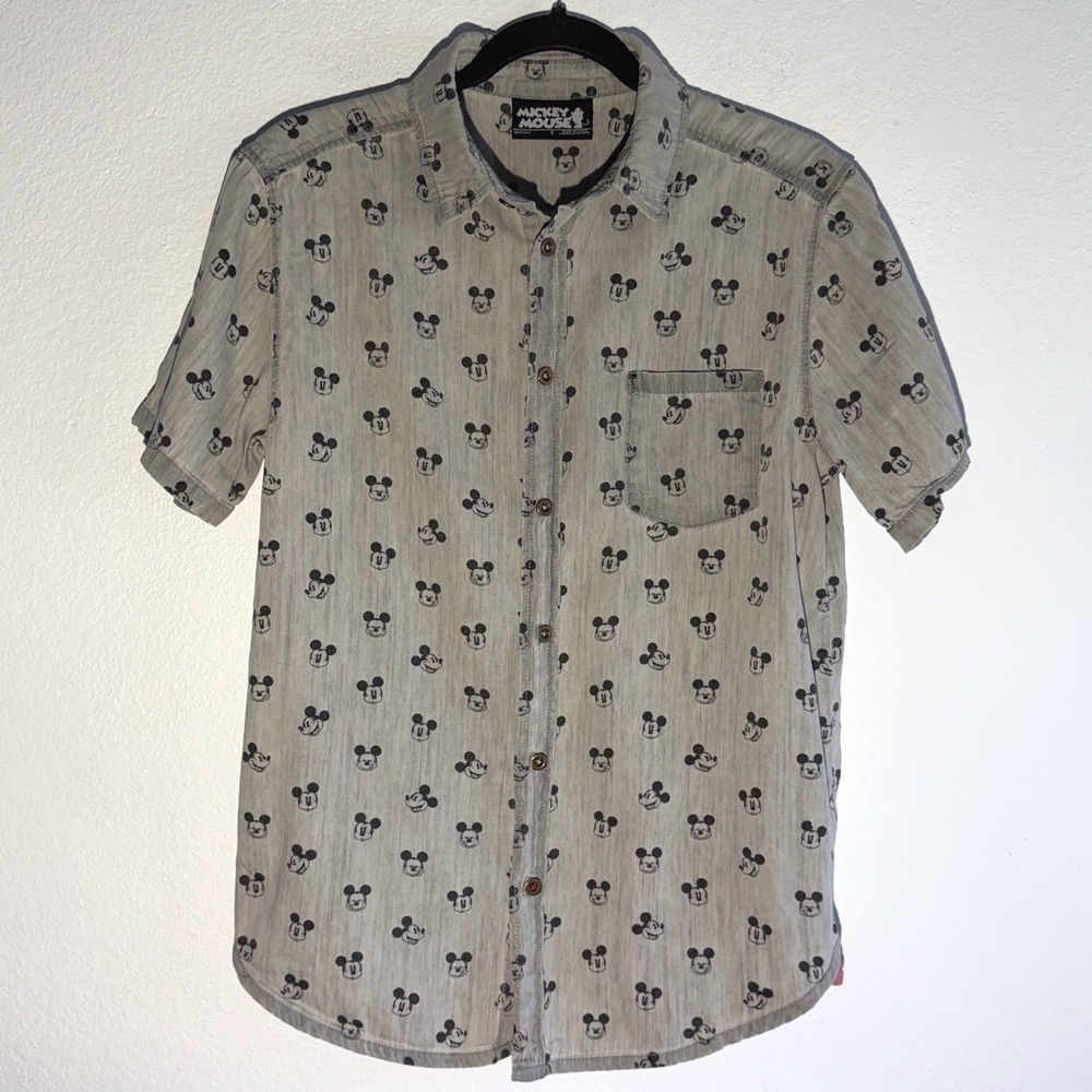 Disney Mickey Mouse Button Up Shirt Mens Small Gray All Over Print Cotton
